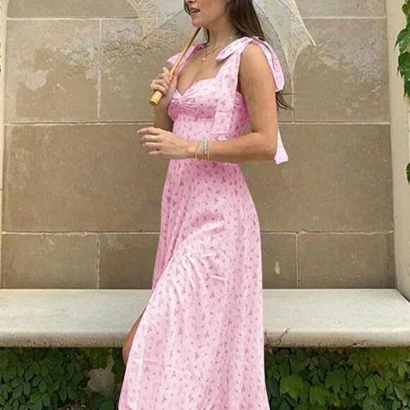 Mauve Purple Casual V-Neck Spaghetti Strap Floral Backless Slit Dress - Picture 5 of 11